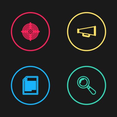 Set line Document, Magnifying glass, Megaphone and Target sport icon. Vector.