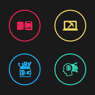Set line Cryptocurrency wallet, Bitcoin think, Mining with laptop and pickaxe and Smart contract icon. Vector.