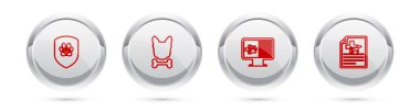Set line Animal health insurance, Dog and bone, Clinical record pet monitor and Medical certificate for dog cat. Silver circle button. Vector.