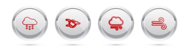 Set line Cloud with snow, Fog and sun, Windy weather and . Silver circle button. Vector.