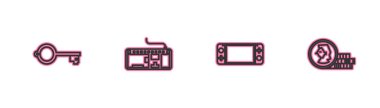 Set line Ancient key for game, Portable video console, Computer keyboard and Coin icon. Vector.