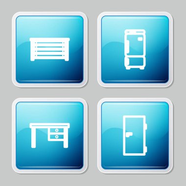 Set line Chest of drawers, Refrigerator, Office desk and Closed door icon. Vector.