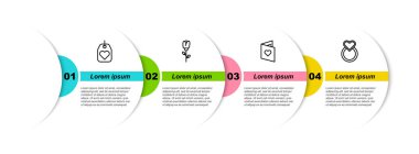 Set line Heart tag, Flower rose, Valentines day flyer with heart and Wedding rings. Business infographic template. Vector.