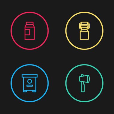 Set line Hive for bees, Wooden axe, Can container milk and Paper package icon. Vector.