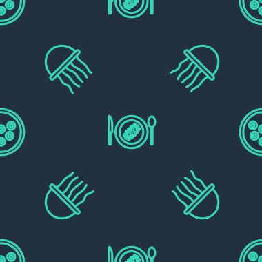 Set line Served cucumber on a plate, Jellyfish and Caviar on seamless pattern. Vector.