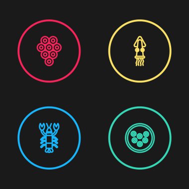 Set line Lobster, Caviar on a plate, Octopus and icon. Vector.