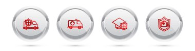 Set line Car with shield, Emergency car, Graduation cap and Travel suitcase. Silver circle button. Vector.