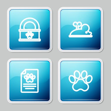 Set line Canned food, Clockwork mouse, Clinical record pet and Paw print icon. Vector.