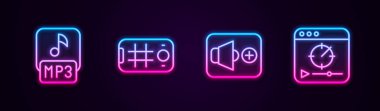 Set line MP3 file, Selfie on mobile, Speaker volume and Online play video. Glowing neon icon. Vector.
