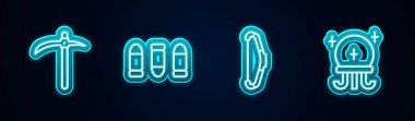 Set line Pickaxe, Bullet, Medieval bow and Magic ball. Glowing neon icon. Vector.