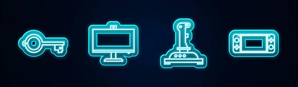 Set line Ancient key for game, Computer monitor, Joystick arcade machine and Portable video console. Glowing neon icon. Vector.