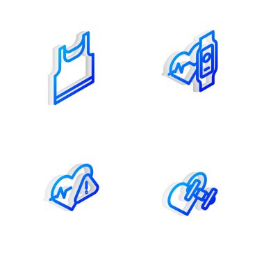 Set Isometric line Smart watch with heart, Sleeveless t-shirt, Heart rate and Dumbbell icon. Vector.
