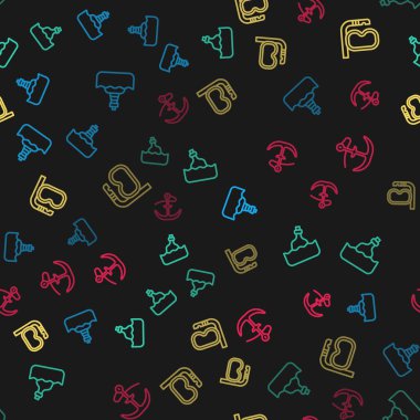 Set line Floating buoy Bottle with message water Diving mask and snorkel and Anchor on seamless pattern. Vector.