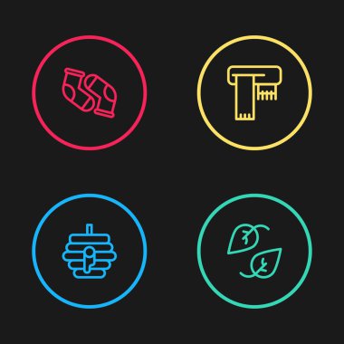 Set line Hive for bees Leaf Winter scarf and Socks icon. Vector.