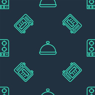 Set line Covered with tray of food Microwave oven and Gas stove on seamless pattern. Vector.