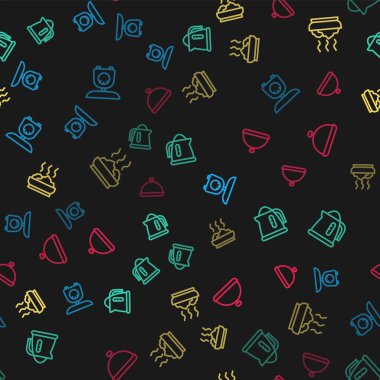 Set line Scales Electric kettle Bowl of hot soup and Covered with tray food on seamless pattern. Vector.