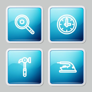 Set line Frying pan Clock Hammer and Electric iron icon. Vector.