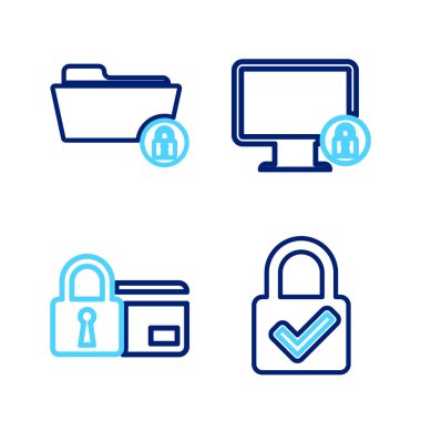 Set line Lock and check mark Credit card with lock on monitor and Folder icon. Vector.