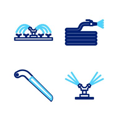 Set line Automatic irrigation sprinklers Fertilizer bag Garden hose or fire hose and icon. Vector.