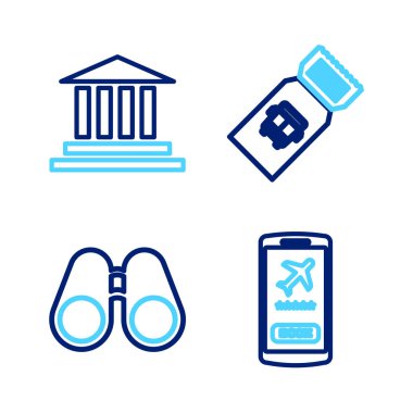 Set line Mobile with ticket Binoculars Bus and Museum building icon. Vector.