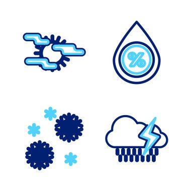 Set line Cloud with rain and lightning Snow Water drop percentage and Fog sun icon. Vector.