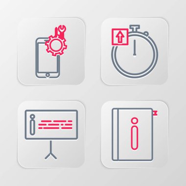 Set line User manual Information Stopwatch and Mobile service icon. Vector.