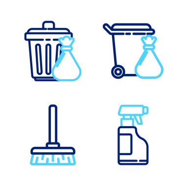 Set line Spray bottle with detergent liquid Handle broom Trash can garbage bag and icon. Vector.