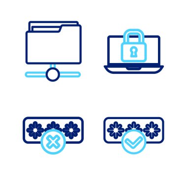 Set line Password protection Laptop and lock and FTP folder icon. Vector.