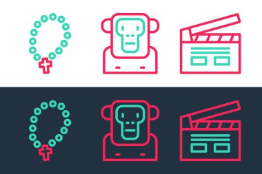 Set line Bollywood indian cinema Rosary beads religion and Monkey icon. Vector.