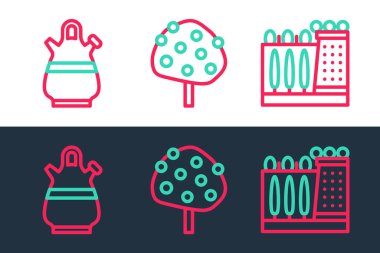 Set line Dali museum Sangria pitcher and Orange tree icon. Vector.