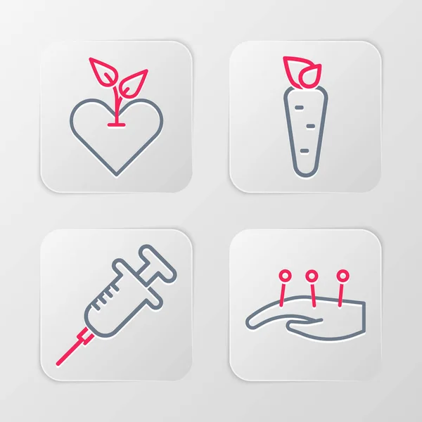 Set line Acupuncture therapy Syringe Carrot and Heart icon. Vector.