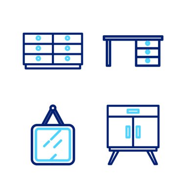 Set line Chest of drawers Mirror Office desk and icon. Vector.