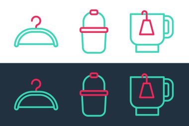 Set line Cup of tea with tea bag Hanger wardrobe and Sauna bucket icon. Vector.