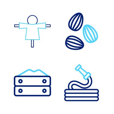 Set line Garden hose Bag of flour Seeds and Scarecrow icon. Vector.