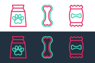 Set line Bag of food for pet and Dog bone icon. Vector.