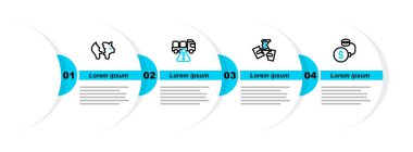 Set line Debt ball chained to coin Tearing money banknote Stop delivery cargo truck and Broken piggy icon. Vector.