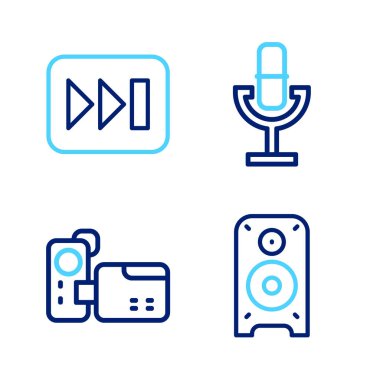Set line Stereo speaker Cinema camera Microphone and Fast forward icon. Vector.