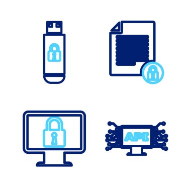Set line Computer api interface, Lock on monitor, Document and lock and USB flash drive with icon. Vector
