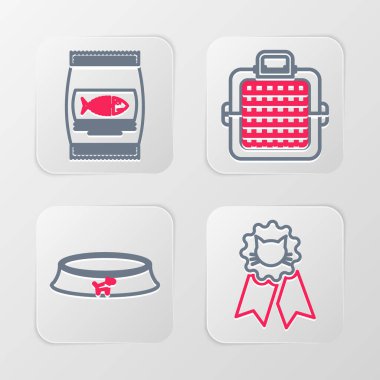Set line Cat award symbol, Pet food bowl, carry case and Bag of for cat icon. Vector