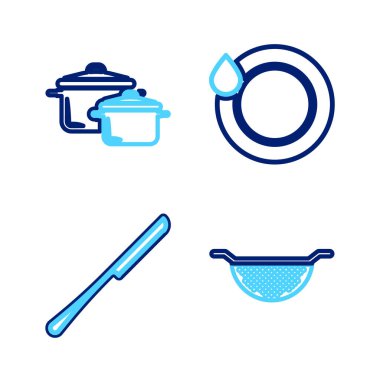 Set line Kitchen colander, Knife, Washing dishes and Cooking pot icon. Vector