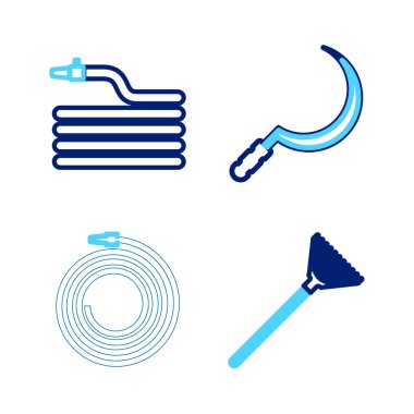 Set line Garden rake for leaves, hose fire hose, Sickle and  icon. Vector