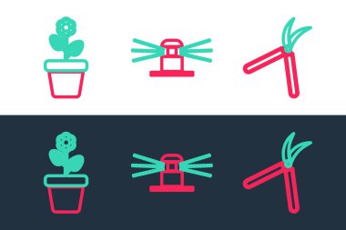 Set line Gardening handmade scissor, Flower pot and Automatic irrigation sprinklers icon. Vector