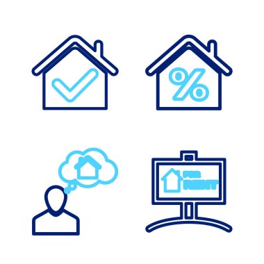 Set line Hanging sign with For Rent, Man dreaming about buying house, House percant and check mark icon. Vector