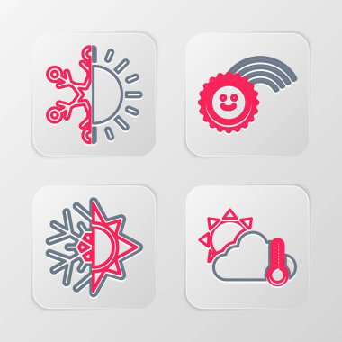 Set line Thermometer and cloud, sun, Sun snowflake, Rainbow with and  icon. Vector
