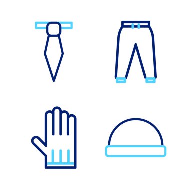 Set line Beanie hat, Leather glove, Sport pants and Tie icon. Vector