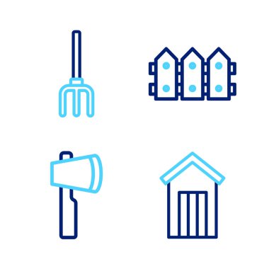 Set line Wooden outdoor toilet, axe, Garden fence wooden and pitchfork icon. Vector