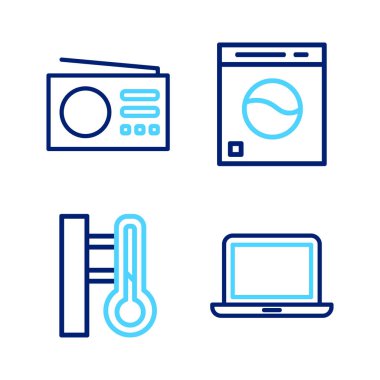 Set line Laptop, Meteorology thermometer, Washer and Radio icon. Vector