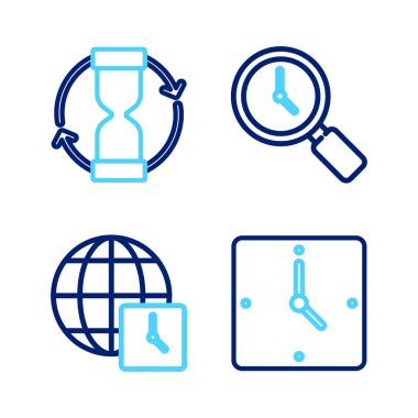 Set line Clock, World time, Magnifying glass with clock and Old hourglass icon. Vector