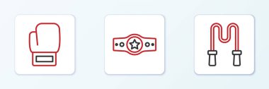Set line Jump rope, Boxing glove and belt icon. Vector