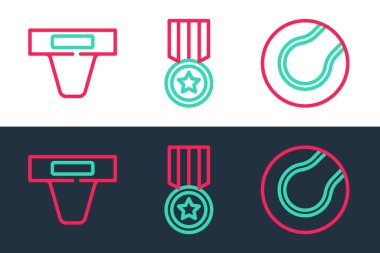 Set line Tennis ball, Groin guard and Medal icon. Vector
